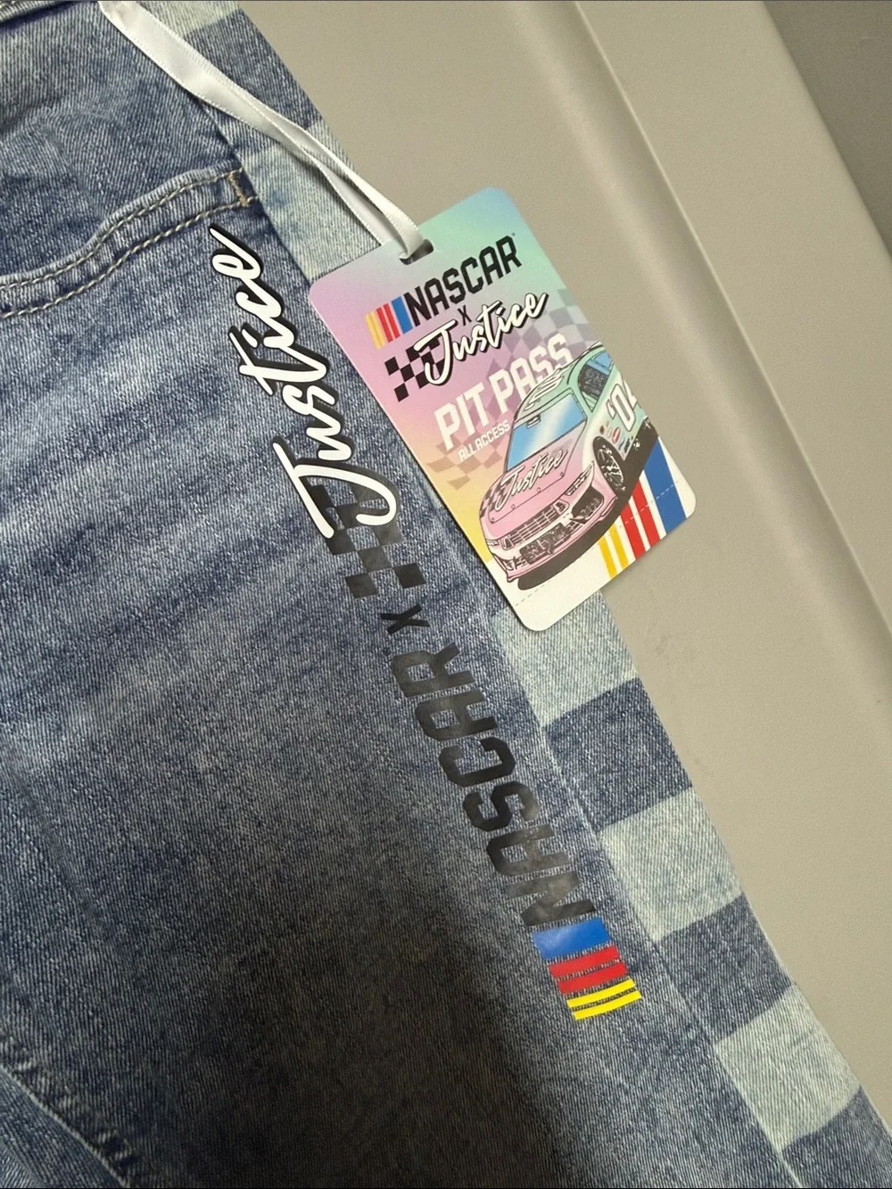 Justice Blue Denim Flare Jeans with Check-Trim and Pastel Bandana nascar